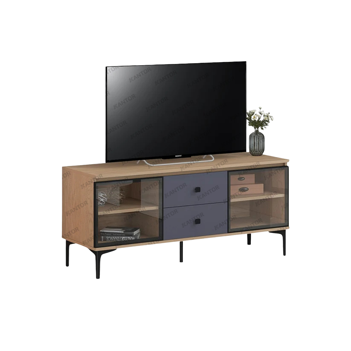 Meja TV CENA TC-02 minimalis dengan kombinasi warna Light Wood Grain dan Slate Grey – Tersedia di 1Kantor.com