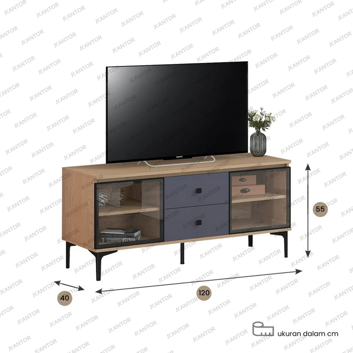 Meja TV modern dengan dua laci tengah dan ruang display kaca elegan – Tersedia di Satu Kantor