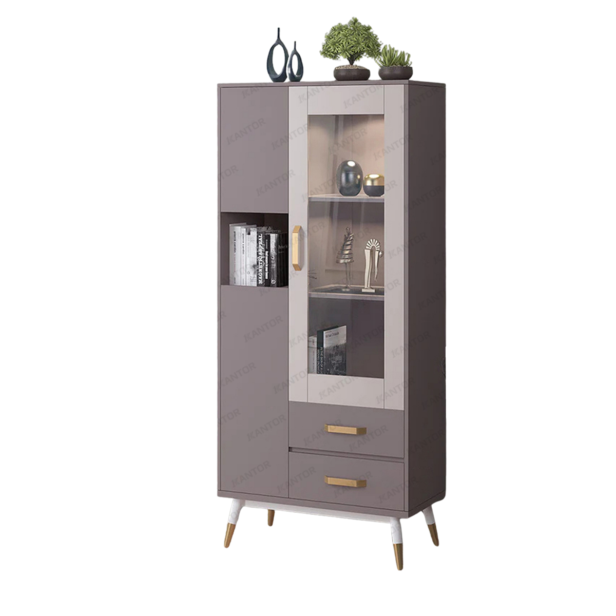 Lemari arsip aesthetic RD Volare 01 dengan pintu kaca dan desain modern warna beige serta pastel grey.
