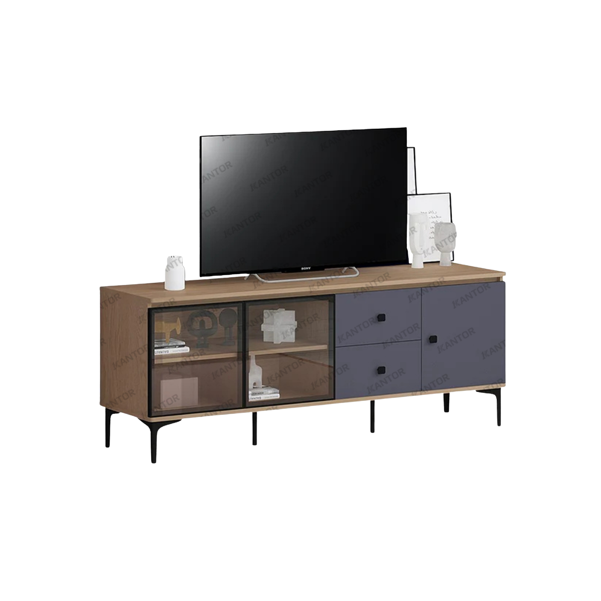Meja TV CENA TC-01 modern dengan kombinasi warna Light Wood Grain dan Slate Grey – Tersedia di 1Kantor.com