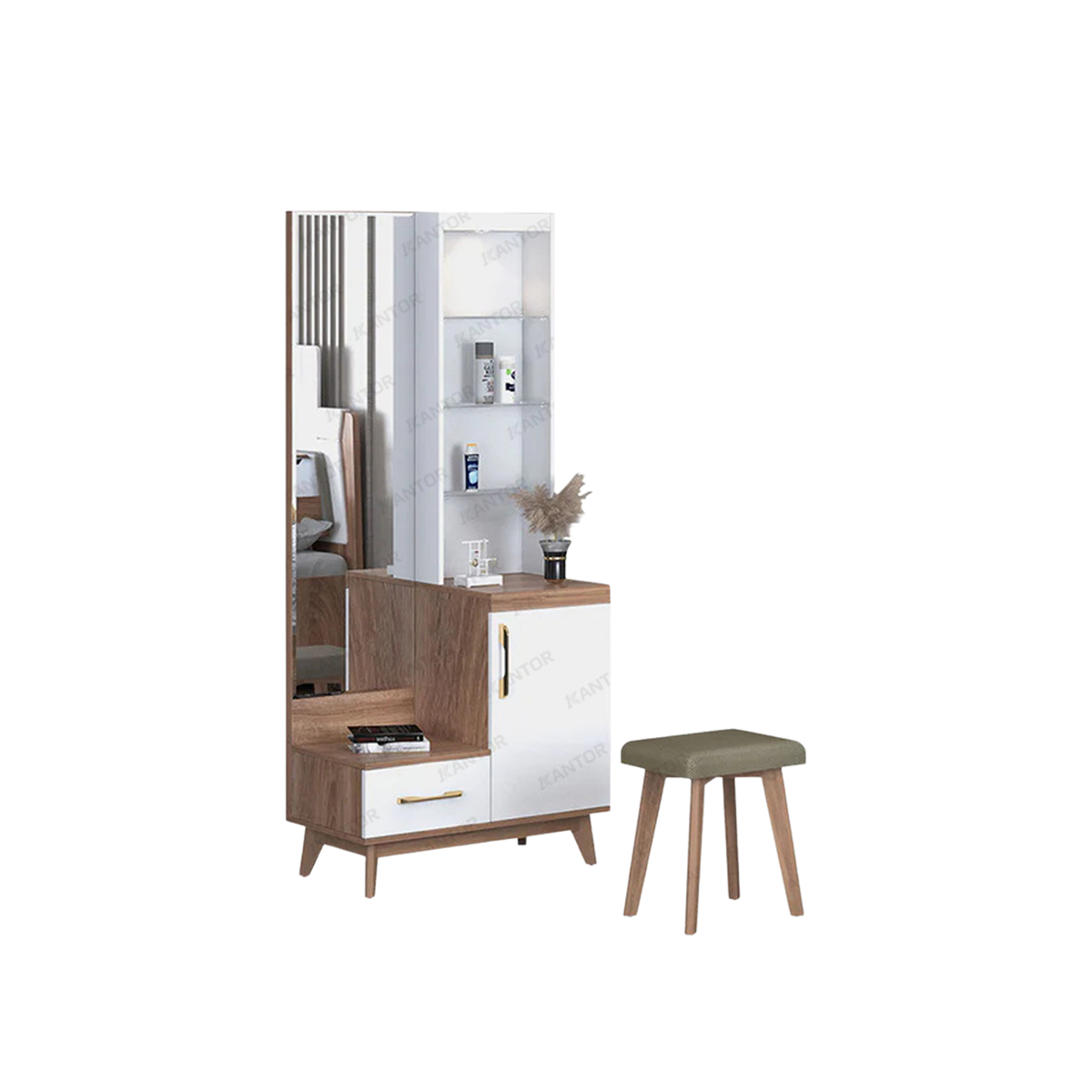 Meja Rias DR CARIBIA Meja Rias Aesthetic modern dengan rak display, laci, dan kabinet penyimpanan.