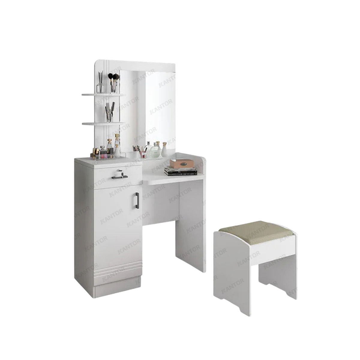 Meja Rias MR CAPITOL putih glossy dengan cermin besar dan rak display modern