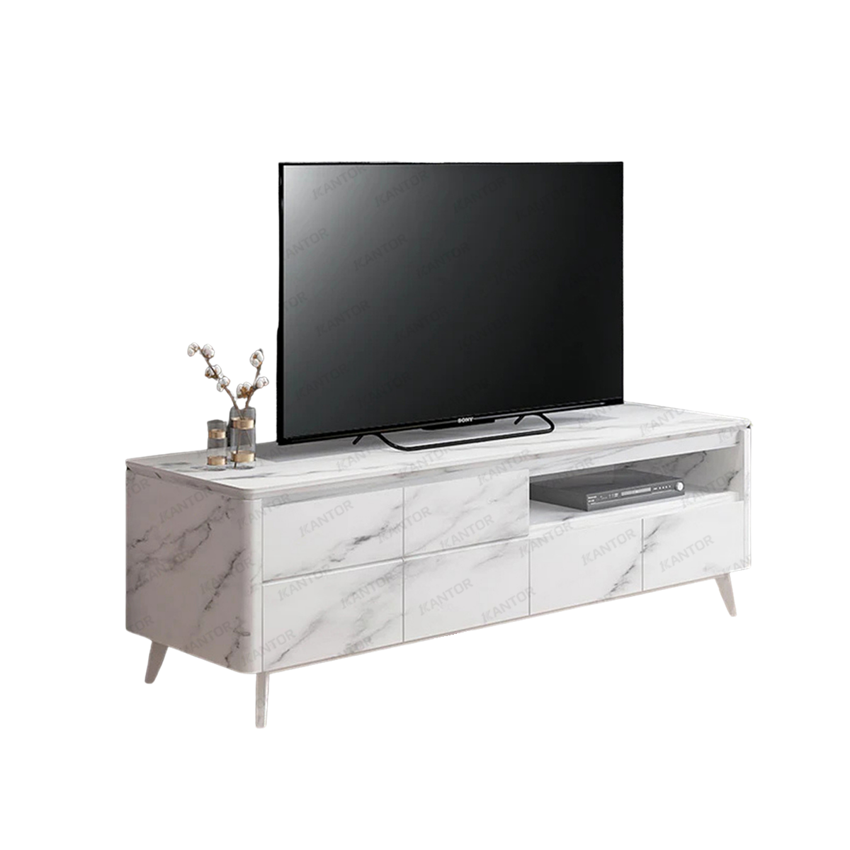 Meja TV Minimalis TC MARBLE 160-02 dengan finishing marble putih modern untuk ruang tamu elegan.