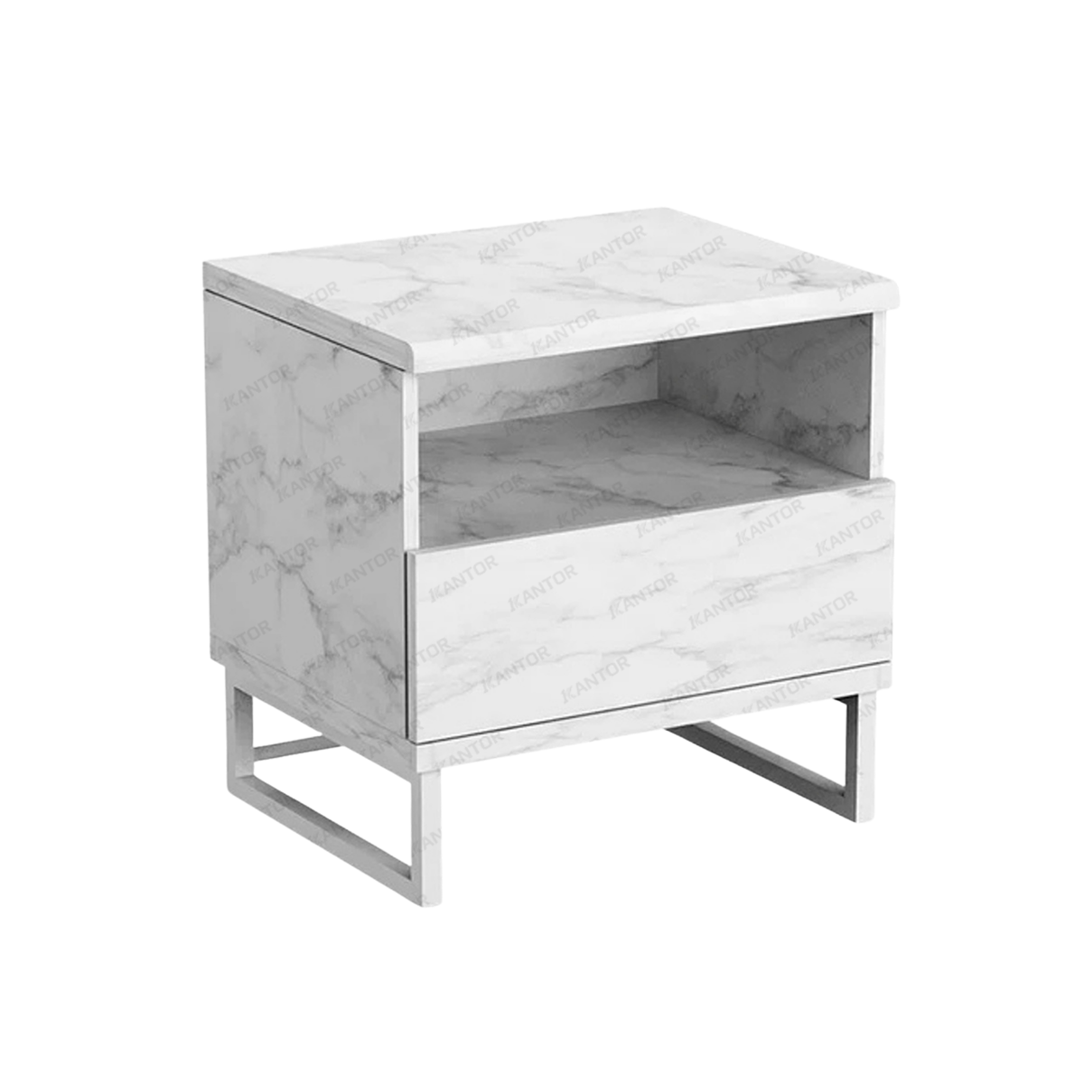 Lemari samping kasur NK MARBLE pilihan nakas harga terjangkau dengan laci dan rak terbuka yang fungsional.