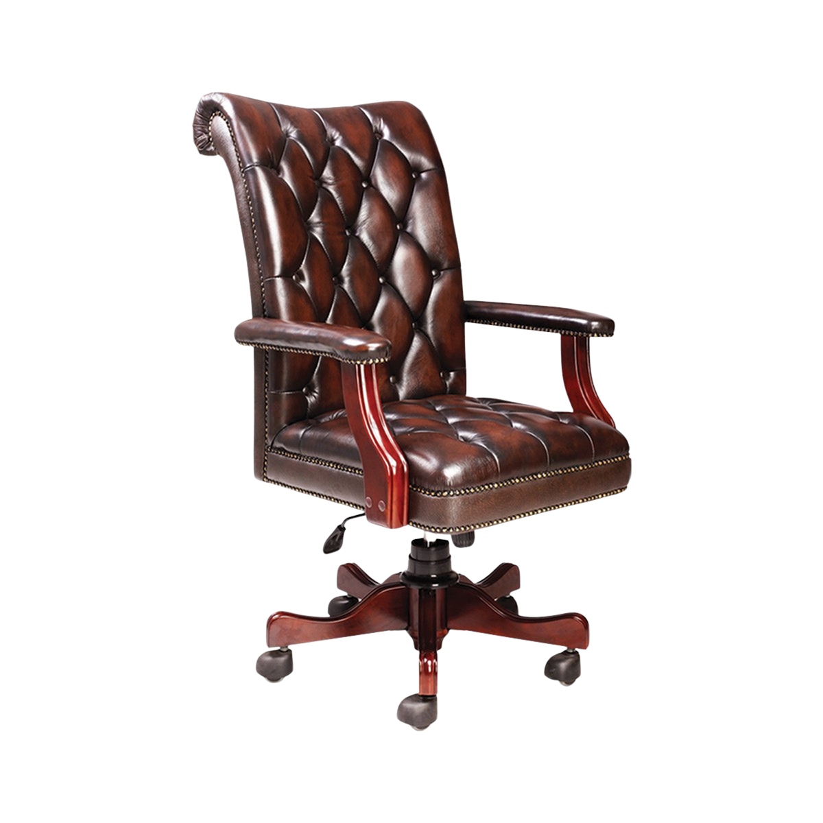 Kursi kerja Ichiko Trilby I kulit asli dengan detail paku tembaga dan finishing Mahoni - Tersedia di 1Kantor.com