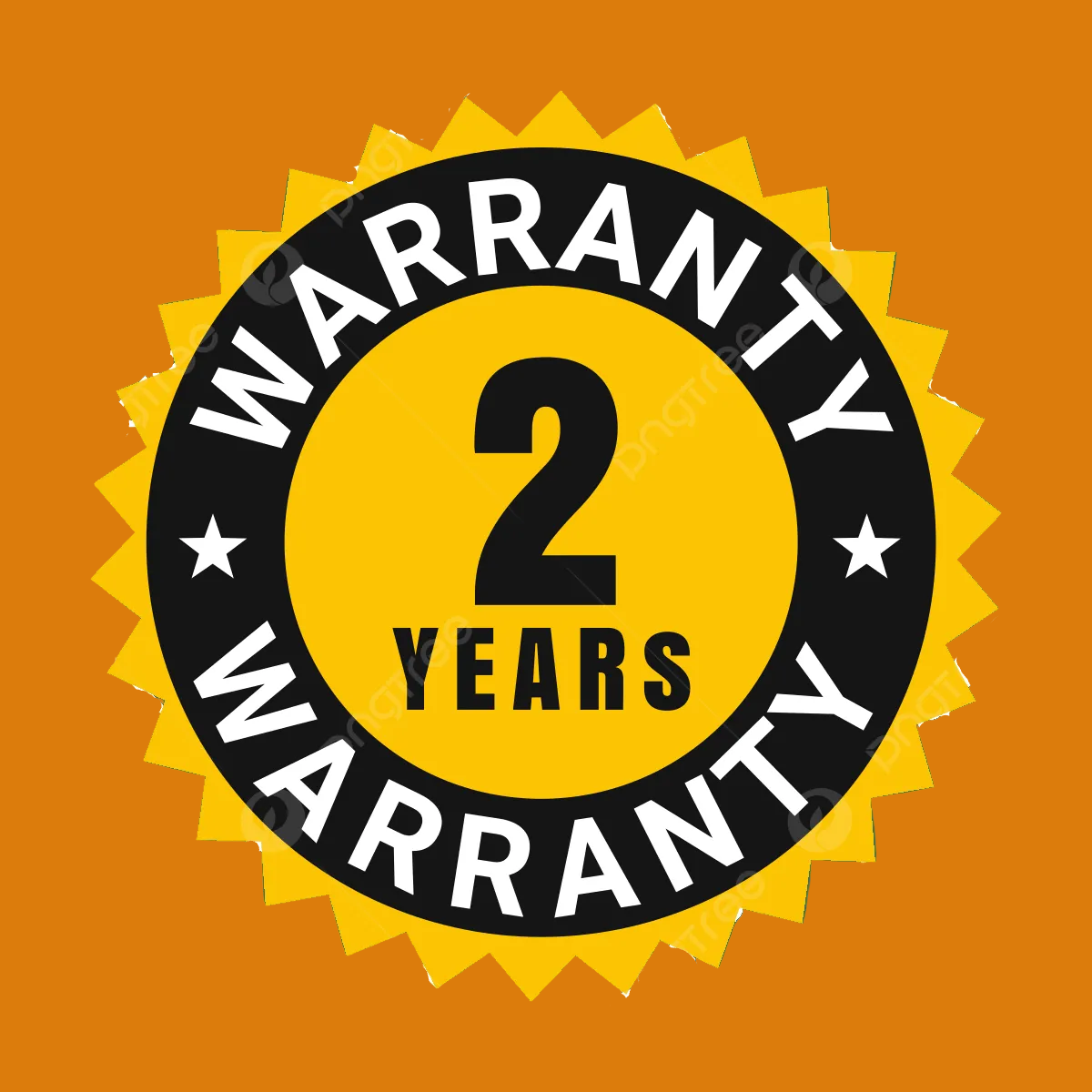 2-year warranty badge with yellow and black design on a green background